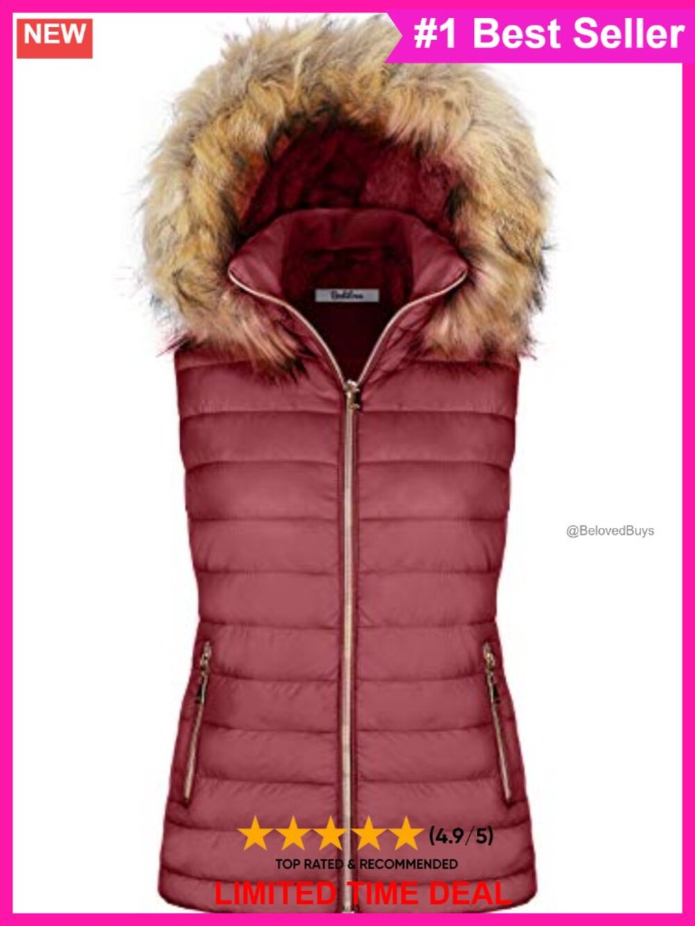 Quilted Padded Faux Fur Hooded Vest Sleeveless Zip Up Winter